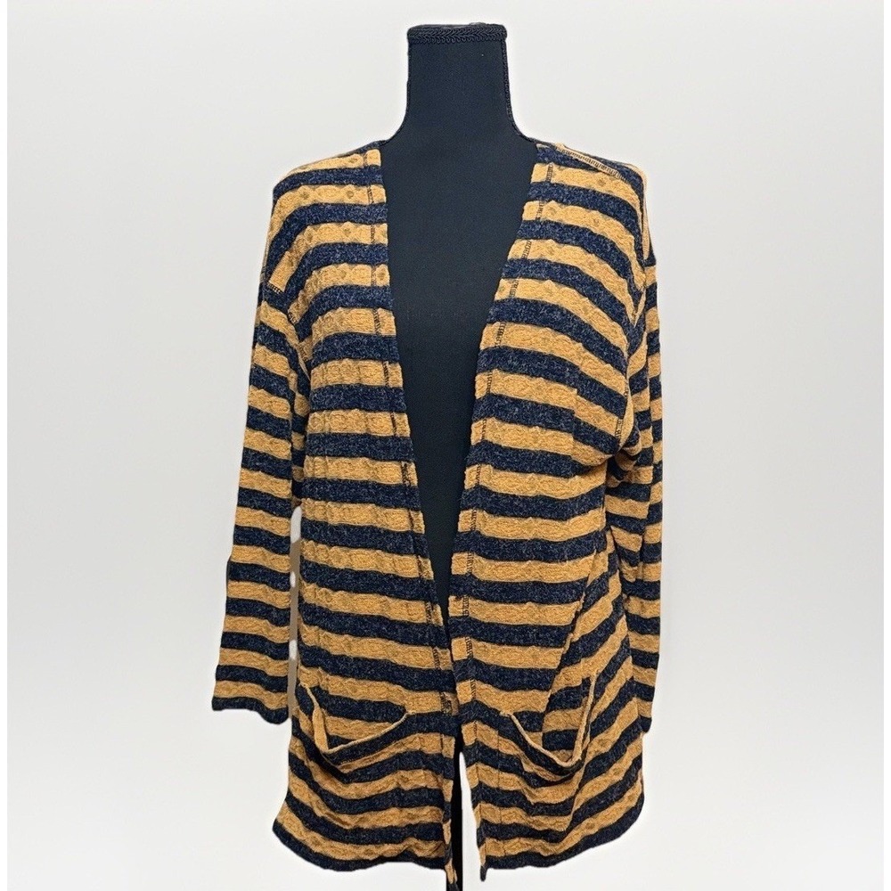 VTG Max Studio Sport‎ Striped Textured 3/4 Sleeve Navy Blue Mustard Yellow Small